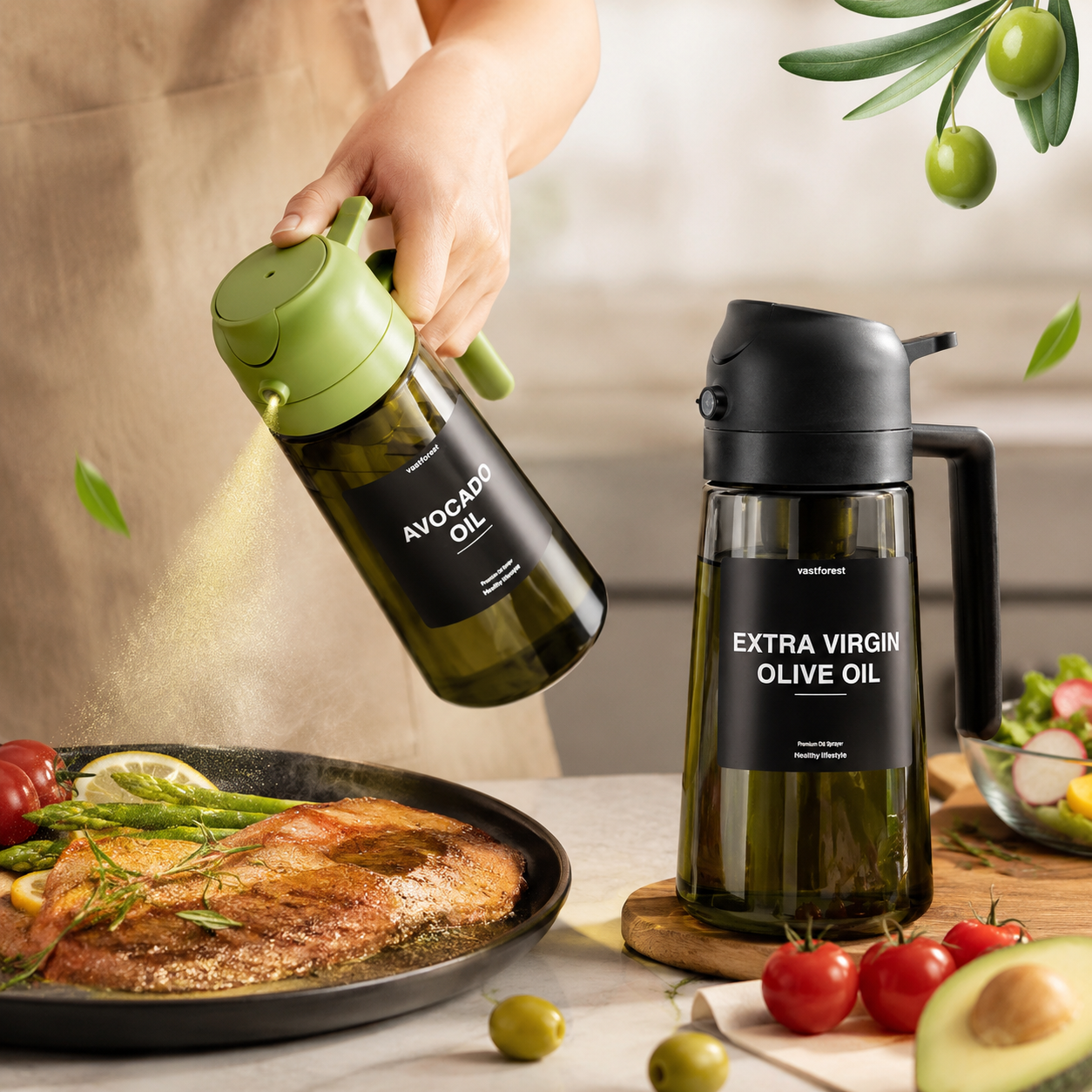 2-in-1 Olive Oil Sprayer Bottle for Cooking | Portable Light-Proof Glass Oil Dispenser