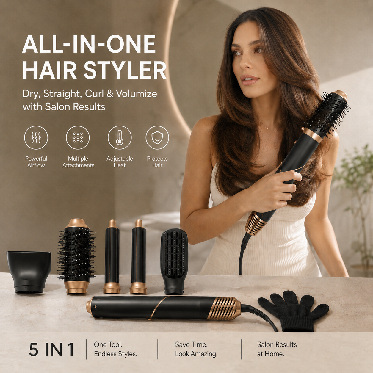 5 in 1 Hot Air Styler – Hair Dryer, Straightener, Curler, Volumizer & Detangler