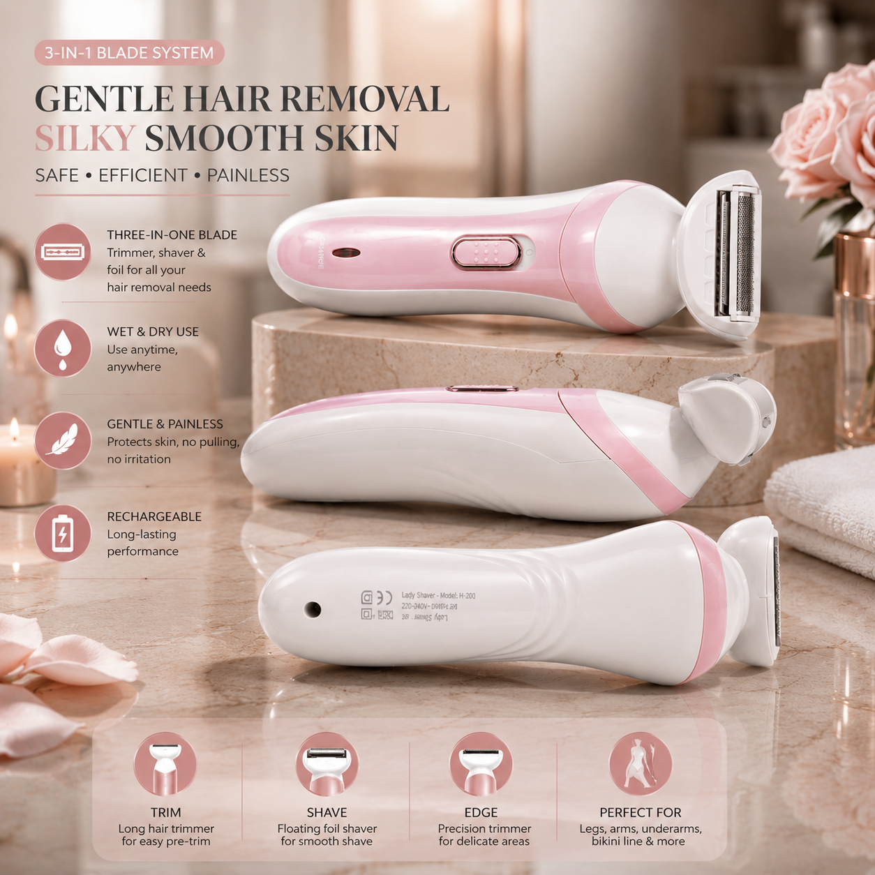 Electric Hair Remover & Trimmer Shaver Rechargeable Hair Removal Device For Women