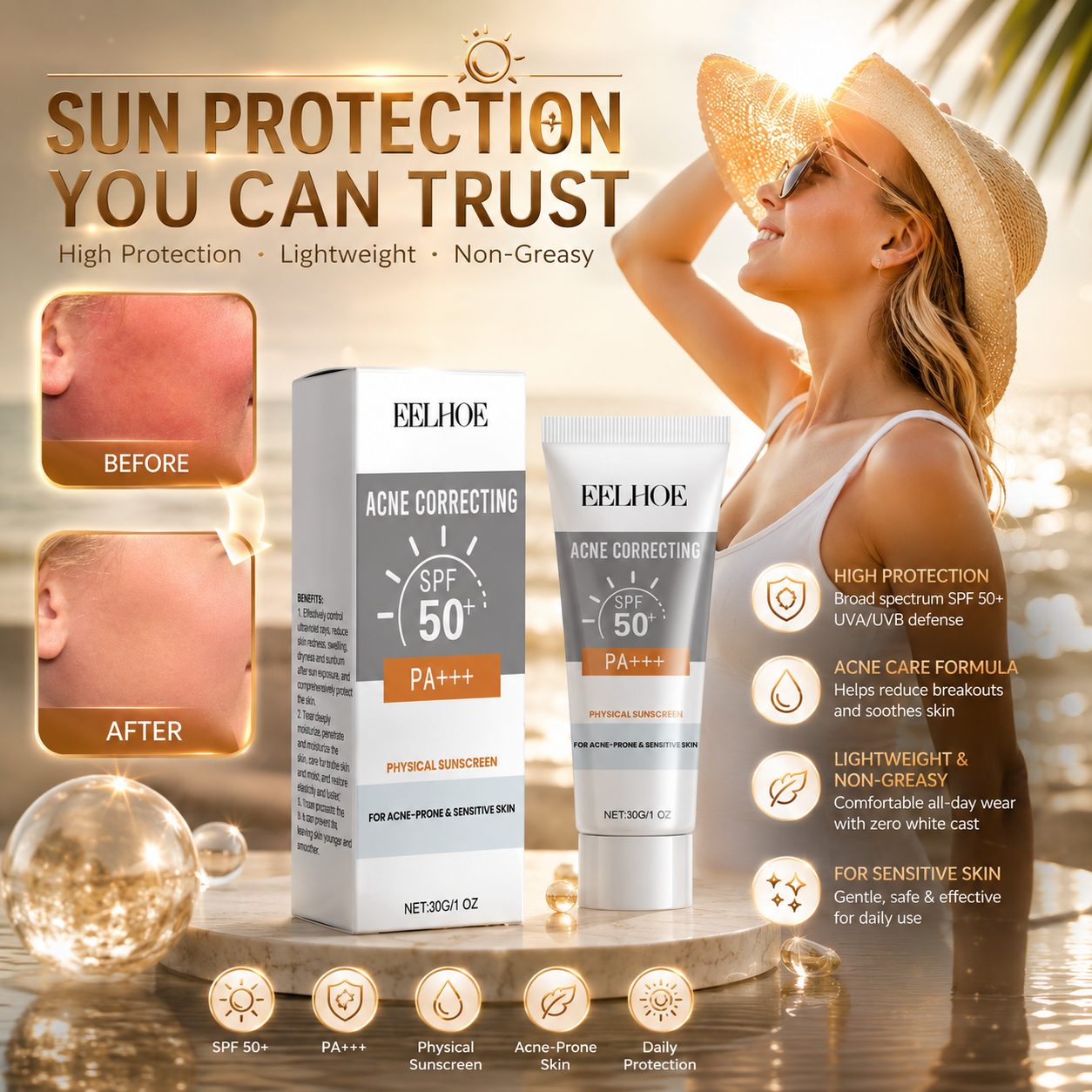 EELHOE Hydrating SPF Physical Sunscreen Face Sunblock